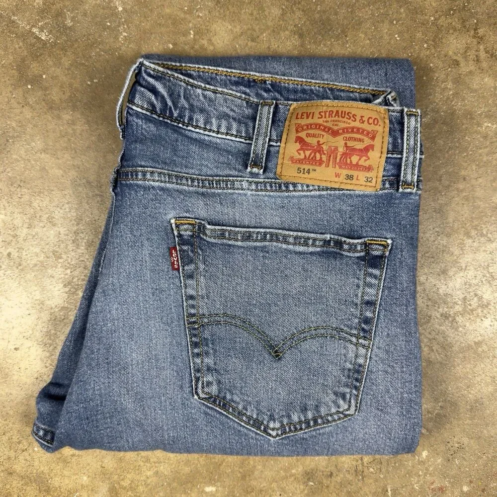 Levi’s 514 Straight Fit Blue Jeans Men’s Size 37x29.5 Distressed Wash Denim‎